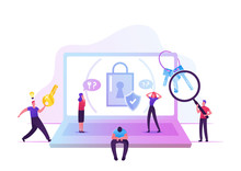 Sad Man Forgot Password Sitting At Huge Laptop With Padlock And Shield On Screen Suffering About Lost Account Pin Code. Happy Person Run With Key. Information Defend Cartoon Flat Vector Illustration