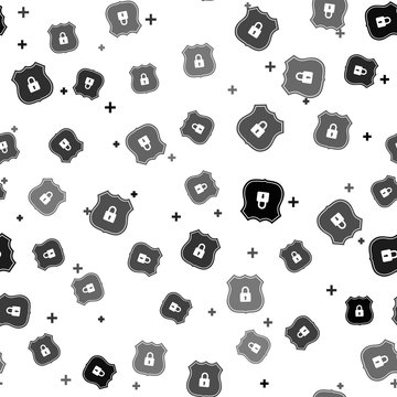 Black Shield security with lock icon isolated seamless pattern on white background. Protection, safety, password security. Firewall access privacy sign. Vector Illustration