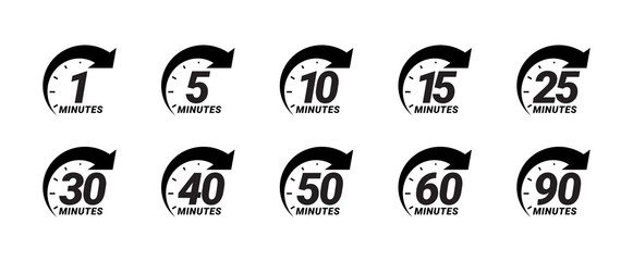 minute timer icons set. one minute, five, ten, fifteen or more minutes. the arrow shows the limited 