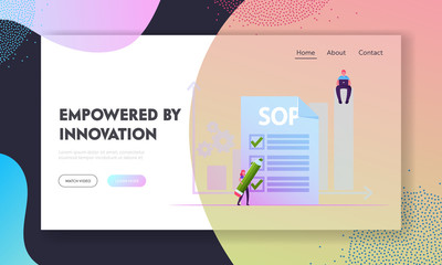 Poster - Standard Operating Procedure Website Landing Page. Businesswoman Filling Paper Form with Sop Inscription. Businessman with Laptop Sit on Column Chart Web Page Banner. Cartoon Flat Vector Illustration