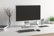 © dimamoroz - Workspace with blank computer monitor black screen mock up on the white desk near white wall. monitor; screen; computer; mock up;