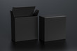 Blank black wide square box with open and closed hinged flap lid on black background. Clipping path around box mock up. 3d illustration