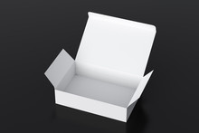 Blank White Wide Flat Box With Opened Hinged Flap Lid On Black Background. Clipping Path Around Box Mock Up. 3d Illustration
