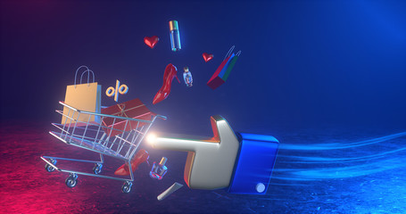 Wall Mural - Concept of e-commerce sales, online shopping, Annual discount, digital marketingr. All live in a futuristic atmosphere. 3D render.	