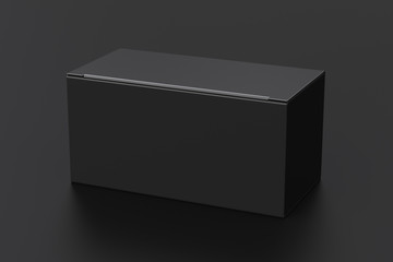 Blank black wide box with closed hinged flap lid on black background. Clipping path around box mock up. 3d illustration