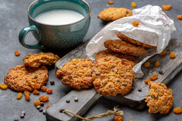 Wall Mural - Traditional oatmeal cookies with raisins and chocolate.