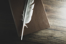 Feather On Book On The Wooden Table