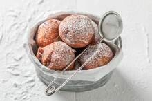 Topview Of Yummy And Fresh Donuts Balls With Powdered Sugar
