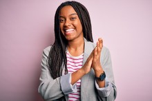 Young African American Business Woman Standing Over Pink Isolated Background Clapping And Applauding Happy And Joyful, Smiling Proud Hands Together