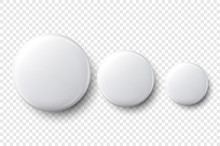 Vector 3d Realistic White Metal, Plastic Blank Button Badge Set Different Sizes Closeup Isolated On Transparent Background. Top View. Template For Branding Identity, Graphic Presentations. Mock-up