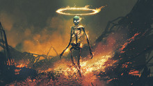 Horror Character Of Demon Skeleton With Fire Flames In Hellfire, Digital Art Style, Illustration Painting