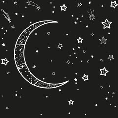 Wall Mural - crescent moon and stars with abstract patterns. black and white illustration