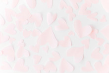 Cute Pink Pastel Hearts On White Paper  Background. Flat Lay. Happy Valentines Day. Pink Paper Heart Cutouts On White Backdrop, Gentle Image, Greeting Card. Valentine Pattern