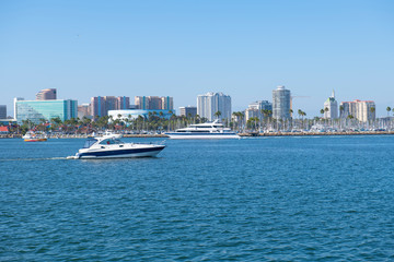 Wall Mural - Long Beach modern city skyline, marina and Shoreline Village in City of Long Beach, Los Angeles County, California CA, USA.