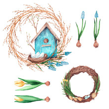 Set Of Watercolor Wreaths Of Twigs And Spring Flowers - Yellow Tulips And Muscari With Bulbs. Illustrations Are Isolated On A White Background.