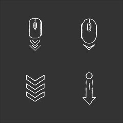 Poster - Scrolldown indicators chalk white icons set on black background. Computer mouse and arrowheads. Swipe down gesture. Website page browsing cursor. Isolated vector chalkboard illustrations