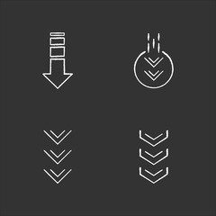 Poster - Down arrows chalk white icons set on black background. Double arrowhead in circle. Scrolldown button. Arrows interface navigation buttons. Website page cursor. Isolated vector chalkboard illustrations