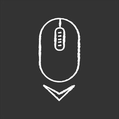 Poster - Scrolling mouse chalk white icon on black background. Down arrowhead indicator. Internet page browsing cursor. PC mouse and arrow. Website pointer. Isolated vector chalkboard illustration