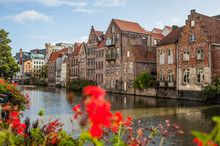 Vibrant Street View Of Downtown Ghent, Capital City Of East Flanders Province, Belgium Along Leie River