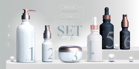 vector 3d elegant cosmetic products set background premium cream jar for skin care products. luxury 