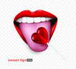 Sexy lips licking a lollipop, red female lips on a transparent background. Vector illustration, 3D effect.