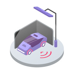 Poster - Car alarm system isometric color vector illustration. Transport safety monitoring. Automobile at public parking zone. Vehicle security system 3d concept isolated on white background