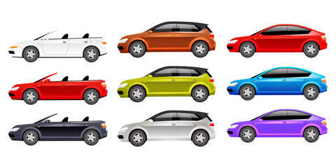 Poster - Cars flat color vector objects set. Different personal transport 2D isolated cartoon illustrations on white background. Luxurious cabriolet, family hatchback and modern sedan in various colors