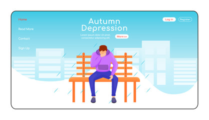 Poster - Autumn depression landing page flat color vector template. Seasonal melancholy homepage layout. Depressed guy in sweatshirt one page website interface with cartoon character. Wet weather web banner