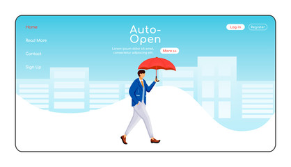 Poster - Auto open umbrella landing page flat color vector template. Man in jacket homepage layout. Rainy weather one page website interface, cartoon character. Walking caucasian guy web banner, webpage