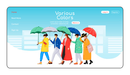 Poster - Various color umbrellas landing page flat color vector template. People in raincoats homepage layout. Rainy weather one page website interface with cartoon character. Walking crowd web banner, webpage
