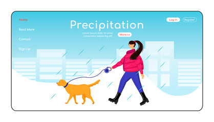 Poster - Precipitation landing page flat color vector template. Caucasian lady walking dog homepage layout. Rainy day one page website interface with cartoon character. Wet weather web banner, webpage