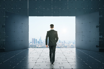 Poster - Businessman walking in abstract jigsaw interior.