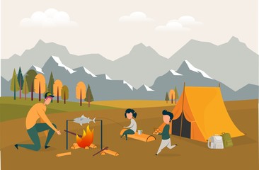 happy loving family spend time in summer camp