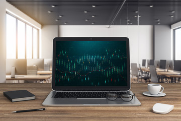 Poster - Laptop on wooden desk with chart on screen