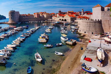 Wall Mural - Old Harbour and Fort St Ivana in sunny day in Dubrovnik, Croatia