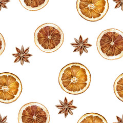 Wall Mural - Anise star dried orange slices watercolor illustration seamless pattern.