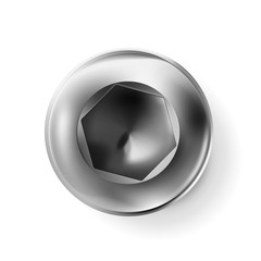 Metal imbus screw, bolt with a cylindrical head. Shiny cap twisted in surface isolated on white background. Macro chrome top view of wide a hat metalwares. Vector illustration.