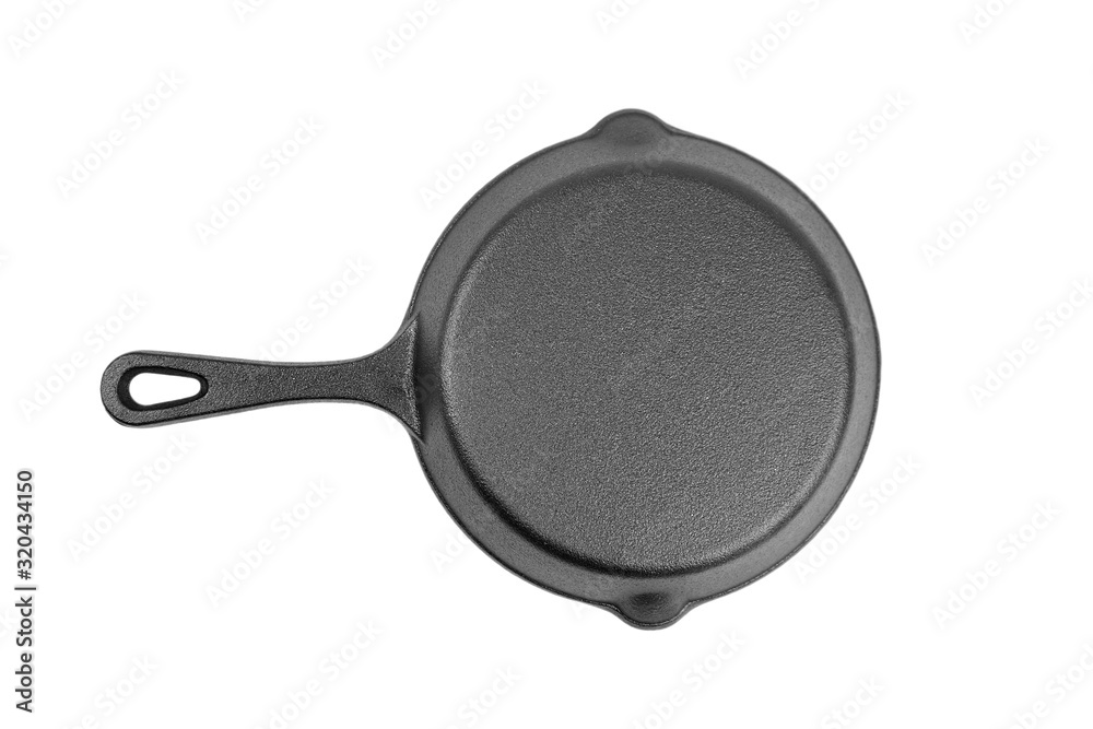 Cast iron pan bottom with handle isolated on white background, top view ...