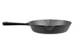 © mikeosphoto - Cast iron pan with handle isolated on white background, side view. One black empty frying skillet. Kitchen equipment, cookware