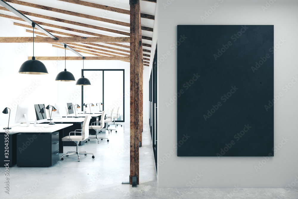 Modern coworking office with empty black poster - obrazy, fototapety, plakaty 