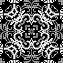 Floral Greek Vector Seamless Pattern. Paisley Flowers Background With Greek Key Meander Ornament. Modern Arabesque Design. Repeat Black White Backdrop. Geometric Shapes, Flowers, Leaves, Love Hearts