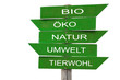 Schilder mit grünen Tafeln und weißer Aufschrift Bio, Öko, Natur, Umwelt, Tierwohl