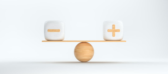 wooden scale balancing cubes with plus and minus arguments