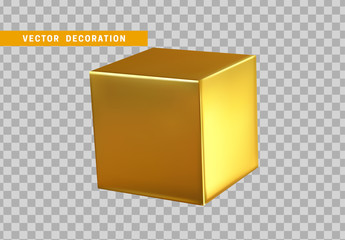 Poster - Cube is three-dimensional geometric shape isolated with gold color. 3d objects golden block. vector illustration.
