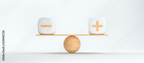 Fotografía wooden scale balancing cubes with plus and minus arguments