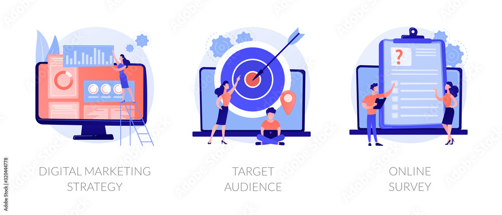 Advertising business, customer attraction, internet questionnaire icons set. Digital marketing strategy, target audience, online survey metaphors. Vector isolated concept metaphor illustrations - obrazy, fototapety, plakaty 
