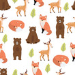 Cute woodland background with bear,fox.Vector illustration seamless pattern for background,wallpaper,frabic.Editable element