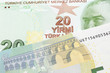 A close up image of a red, yellow and green twenty Turkish lira bank note with a German five euro bill in macro