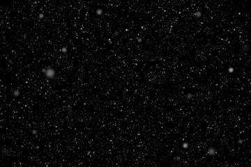 Poster - Snow or snowflake storm falling. White dots falling powder glitter confetti. Explosion on black background for overlay, abstract illustration