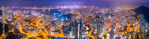 Fotomural Night of Kowloon district, under the lion rock mountain, Hong Kong, cityscape